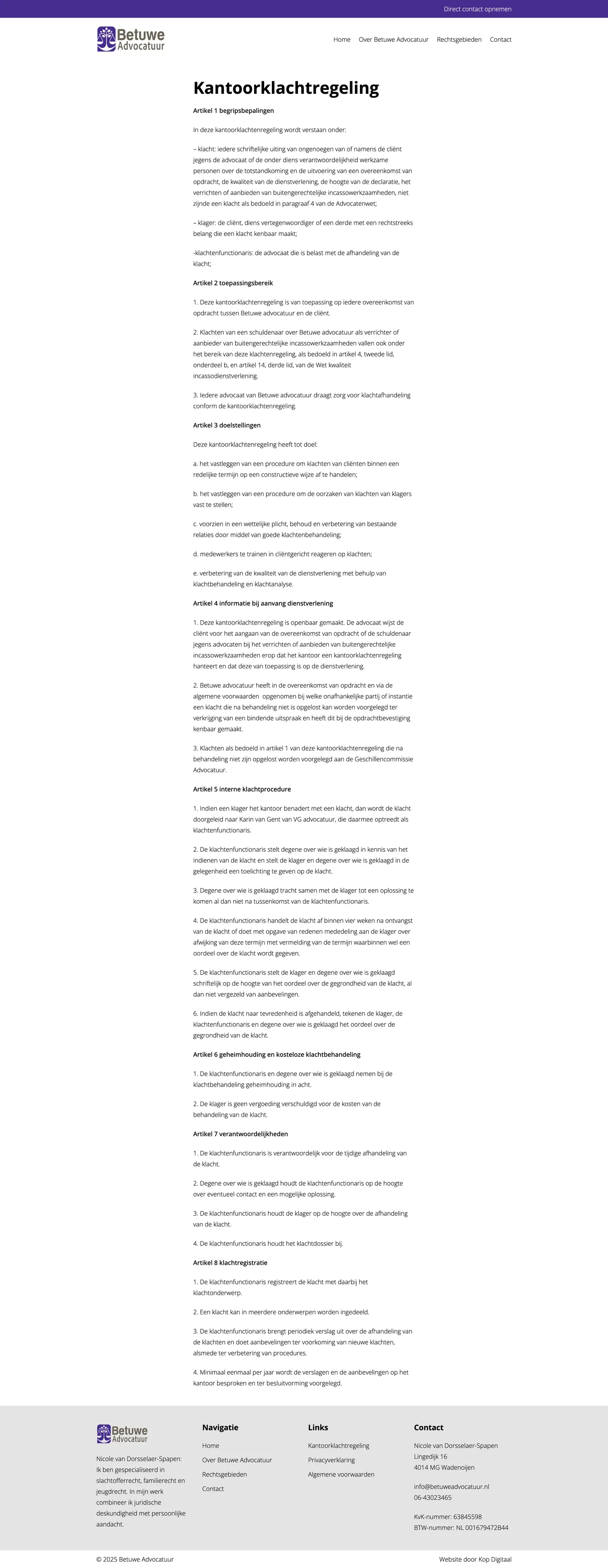 Pagina kantoorklachtenregeling van de website van Betuwe Advocatuur