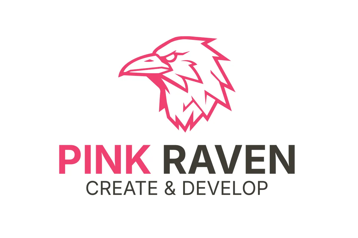 Het nieuwe opvallende roze Pink Raven logo gepresenteerd op de muur van het kantoor