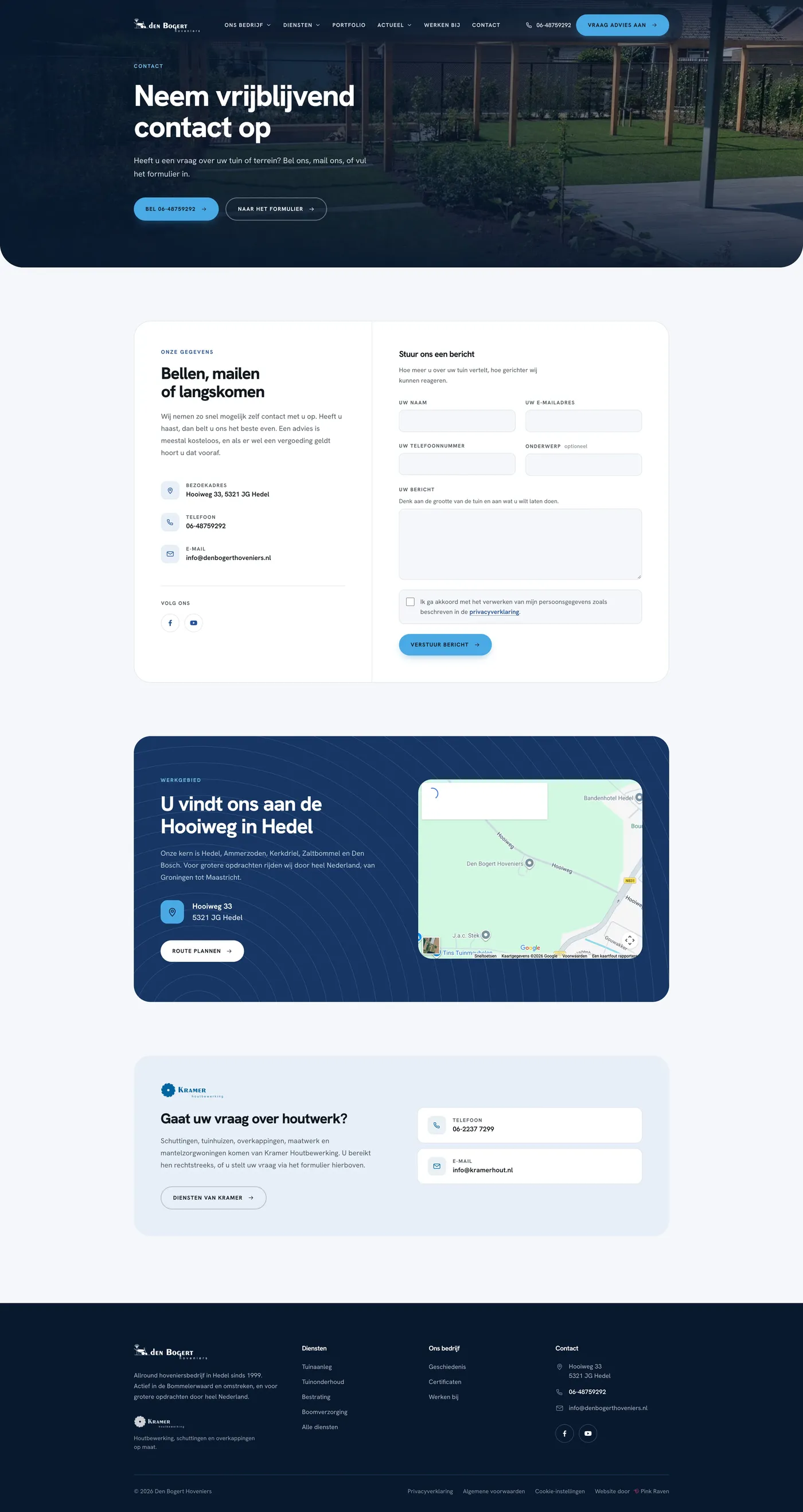 Contactpagina van de website van Den Bogert Hoveniers