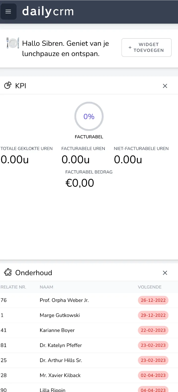 Mobiele weergave van de webapplicatie DailyCRM