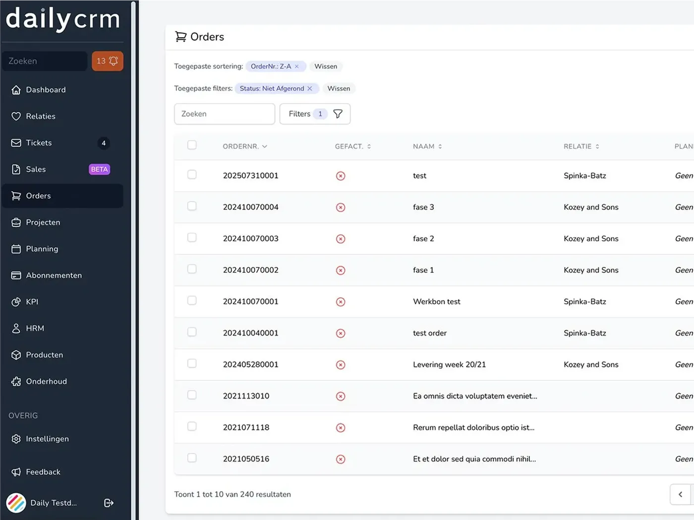 Overzichtstabel met relaties in de webapplicatie DailyCRM