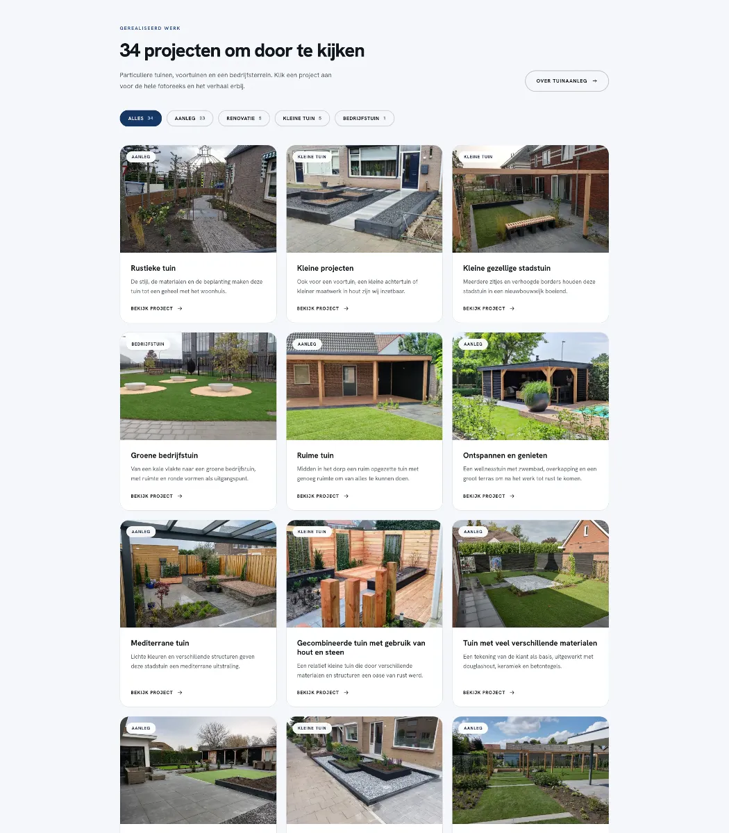 Portfolio-overzicht met filter op projectsoort op de website van Den Bogert Hoveniers