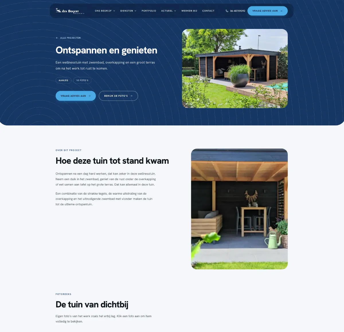Projectpagina van een aangelegde tuin met vijver op de website van Den Bogert Hoveniers