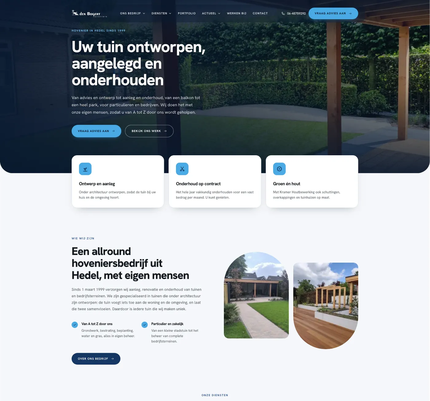 Homepage van de maatwerk WordPress-website van Den Bogert Hoveniers
