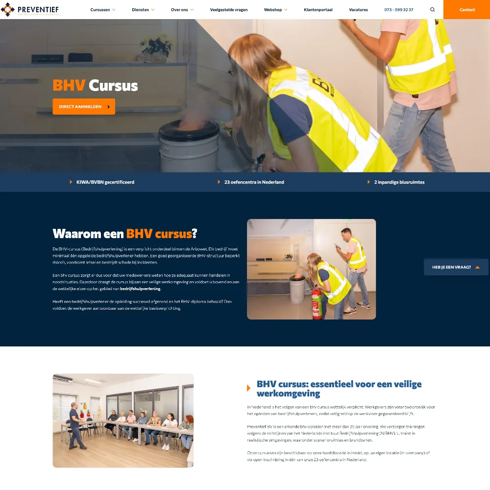 Homepage van Preventief met het aanbod BHV-cursussen